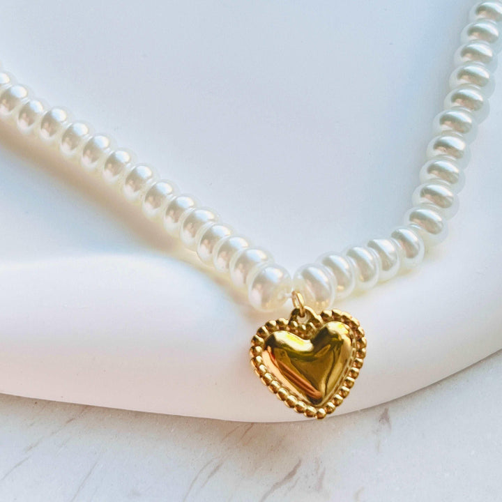 Golden Heart Pendant Pearl Necklace