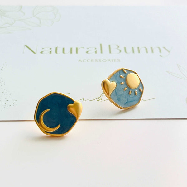 Asymmetric Sun and Moon Stud Earrings