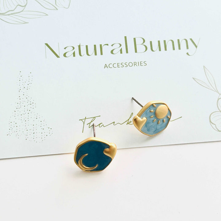 Asymmetric Sun and Moon Stud Earrings