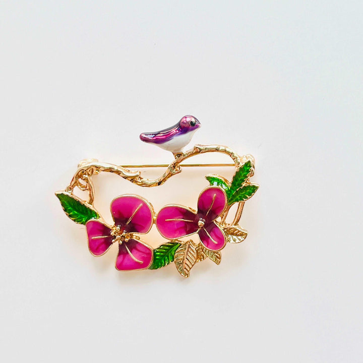 Bird on Pansy Branch Brooch