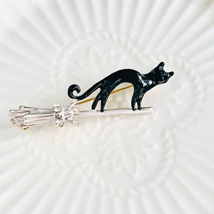 Black Cat On Flying Broomstick Brooch