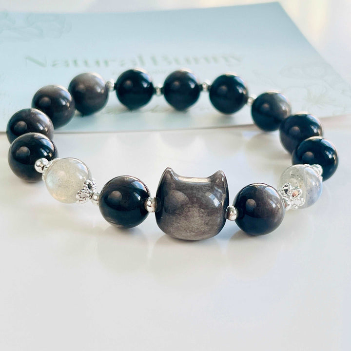 Black Cat Silver Sheen Obsidian Guardian Beaded Bracelet