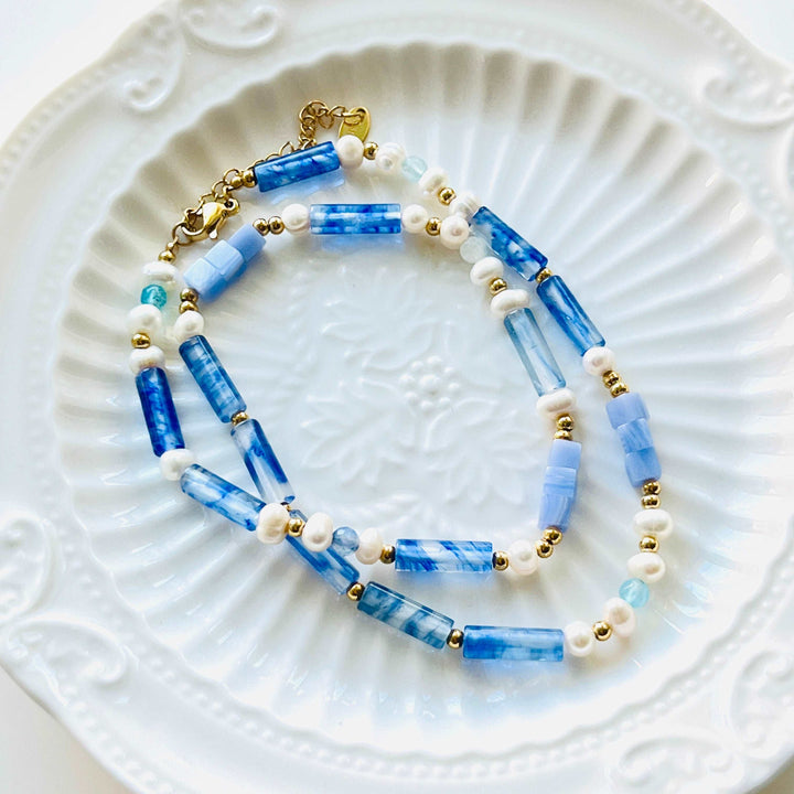 Blue Chalcedony and Freshwater Pearl Beaded Necklace