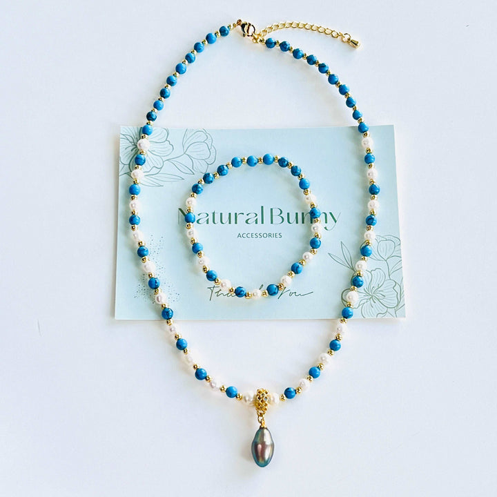 Blue Turquoise Pearl Stretch Bracelet