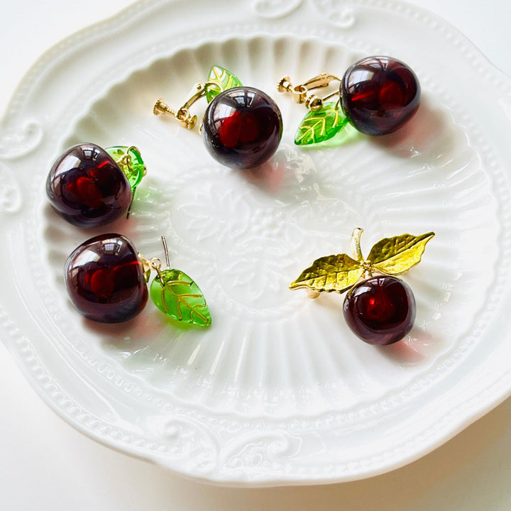 Cherry with Golden Leaf Brooch - Natural Bunny Accessories