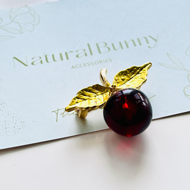 Cherry with Golden Leaf Brooch - Natural Bunny Accessories