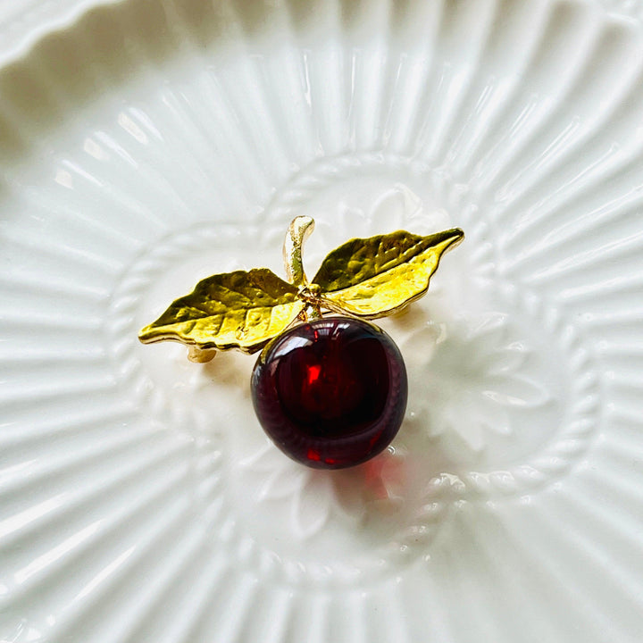 Cherry with Golden Leaf Brooch - Natural Bunny Accessories