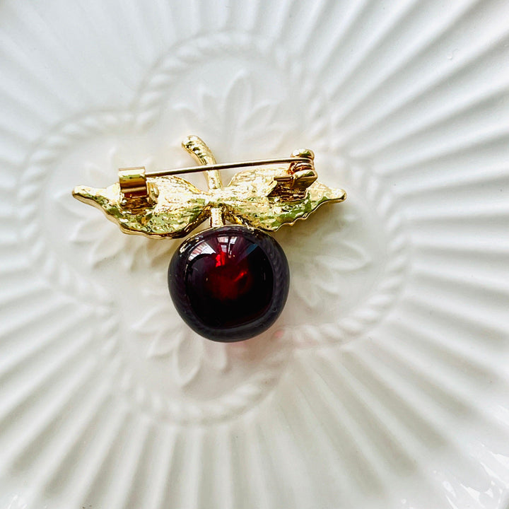 Cherry with Golden Leaf Brooch - Natural Bunny Accessories