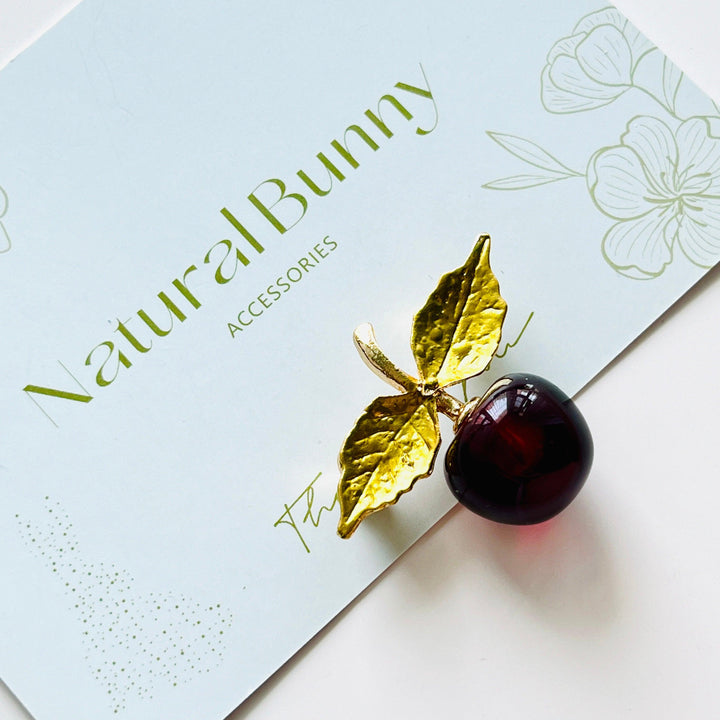 Cherry with Golden Leaf Brooch - Natural Bunny Accessories