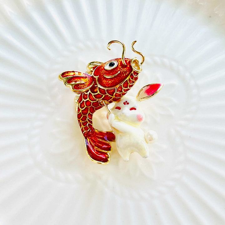 Chinese New Year Rabbit With Carp Lantern Brooch