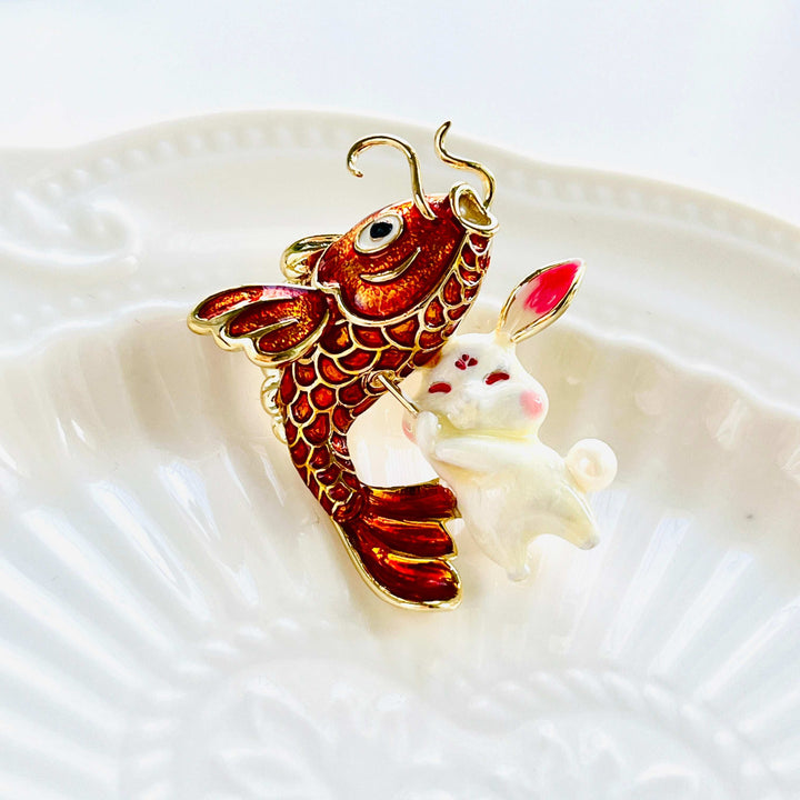 Chinese New Year Rabbit With Carp Lantern Brooch