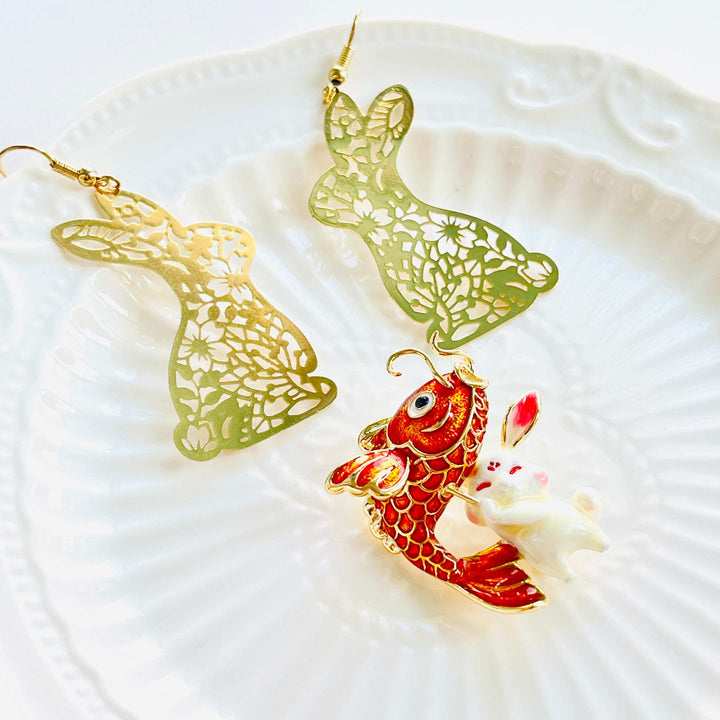 Chinese New Year Rabbit With Carp Lantern Brooch