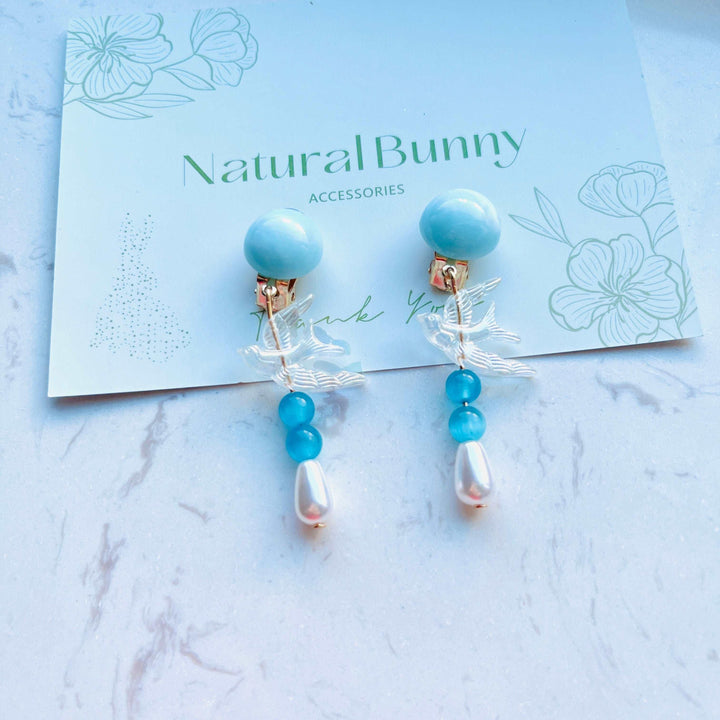 Clear Blue Swallow Pearl Dangle Earrings / Clip-On Earrings