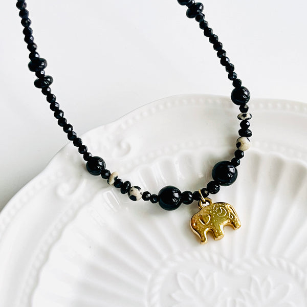 Elephant Charm Black Onyx Necklace