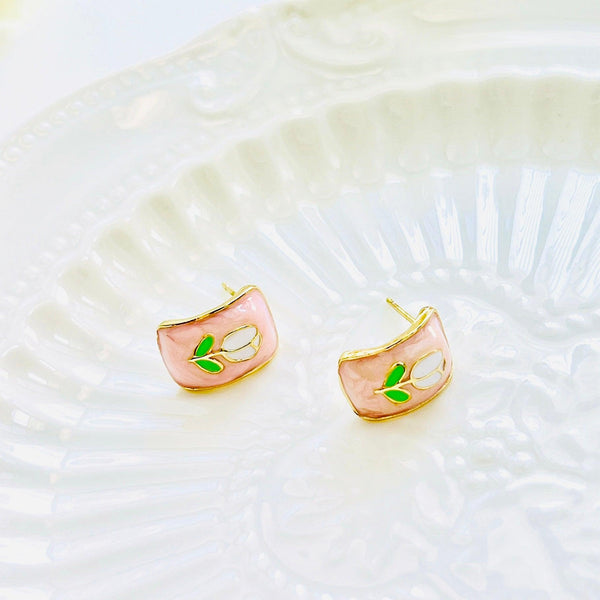 Enamel Pink Tulip Hoop Earrings - Natural Bunny Accessories