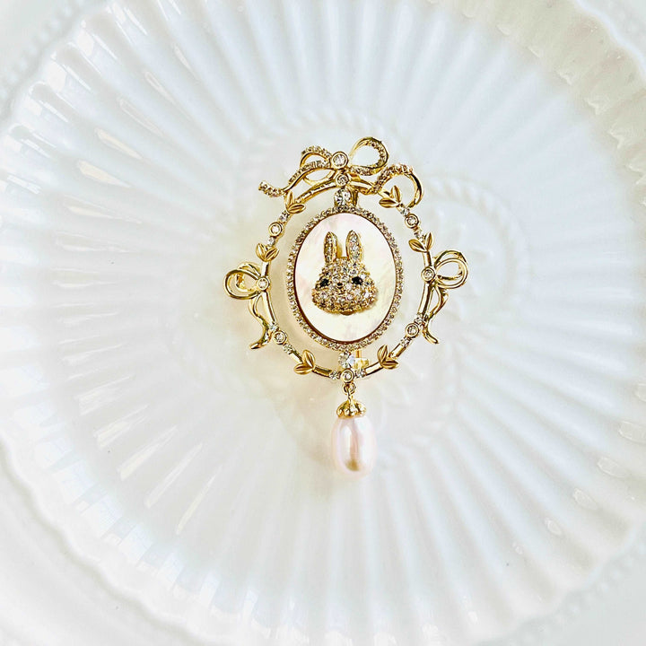 Golden Bunny in the Mirror with Pearl Pendant Brooch