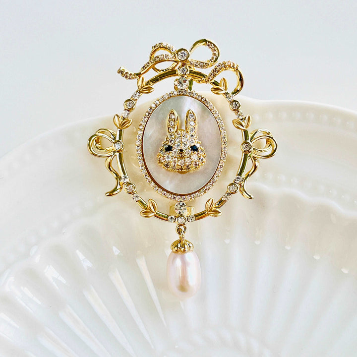 Golden Bunny in the Mirror with Pearl Pendant Brooch