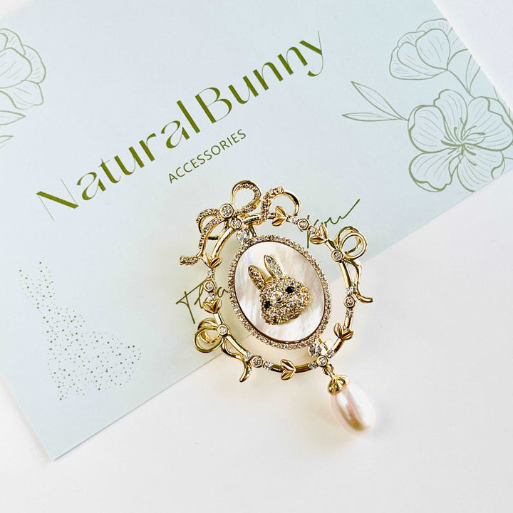 Golden Bunny in the Mirror with Pearl Pendant Brooch