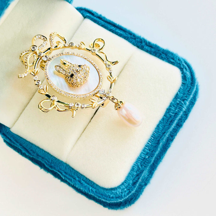 Golden Bunny in the Mirror with Pearl Pendant Brooch