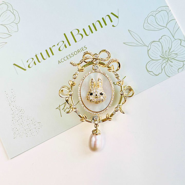 Golden Bunny in the Mirror with Pearl Pendant Brooch