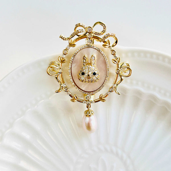 Golden Bunny in the Mirror with Pearl Pendant Brooch