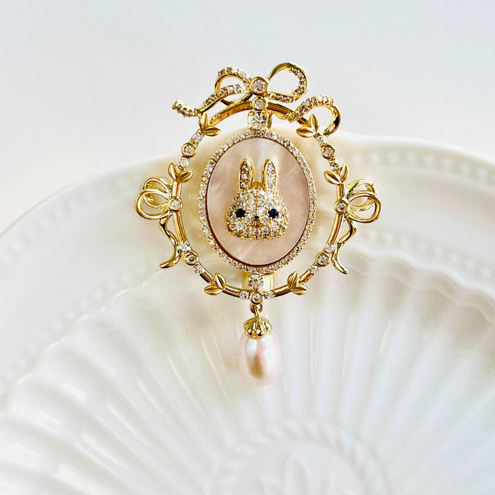 Golden Bunny in the Mirror with Pearl Pendant Brooch