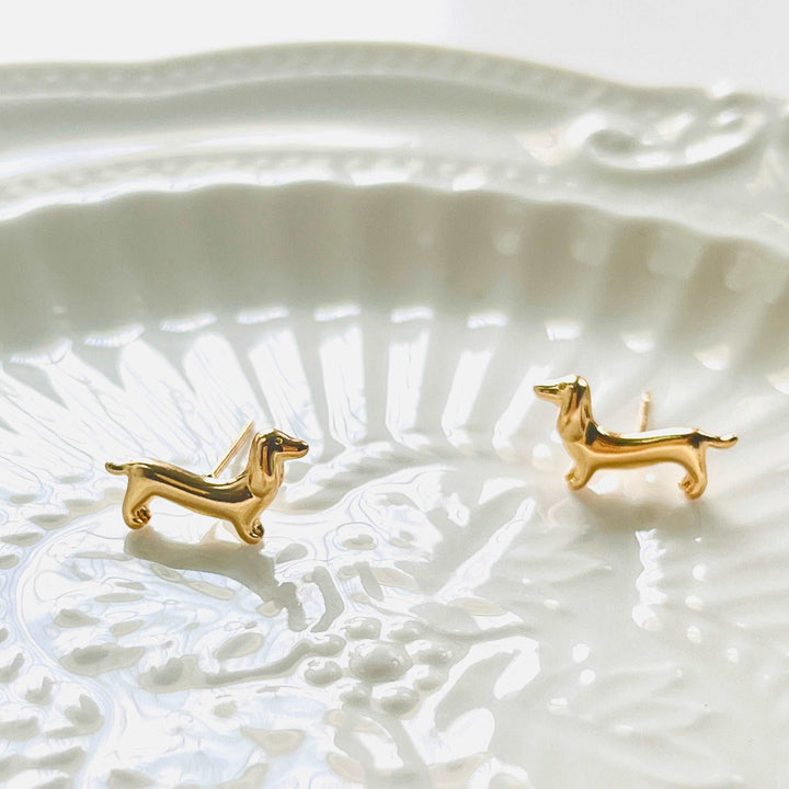 Golden Dachshund Dog Stud Earrings