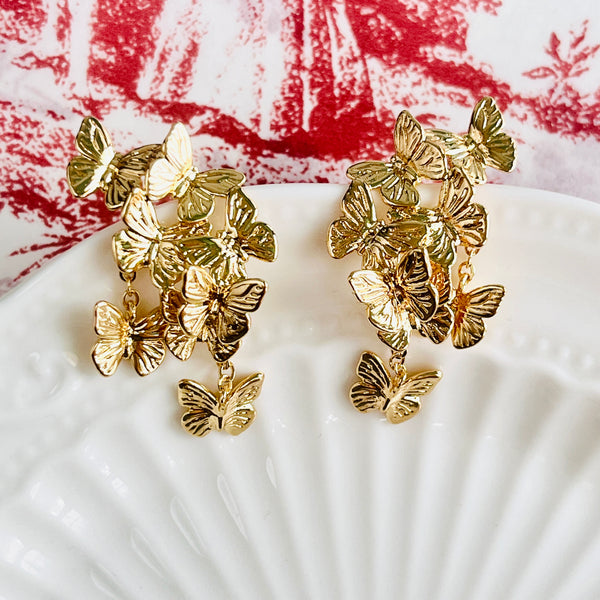 Golden Flying Butterflies Drop Earrings