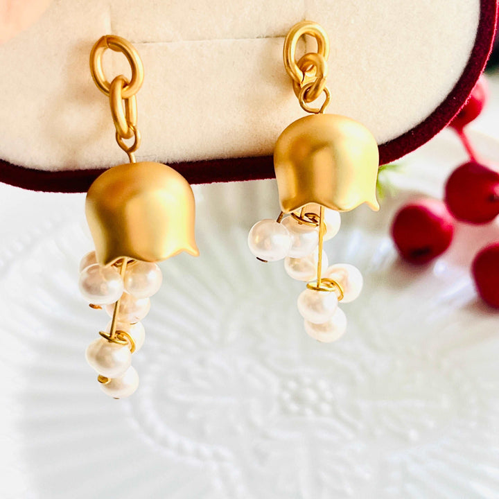 Golden Lily Of The Valley Pearl Tassel Earrings