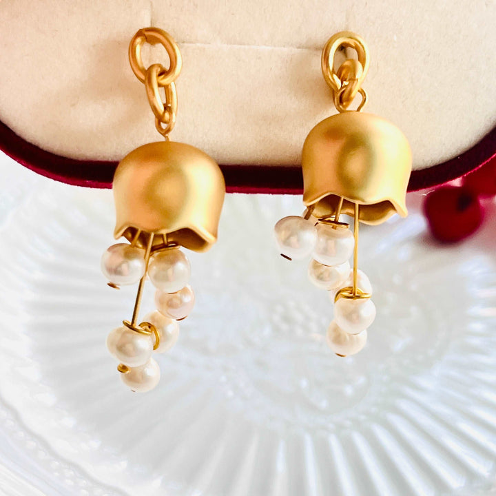 Golden Lily Of The Valley Pearl Tassel Earrings