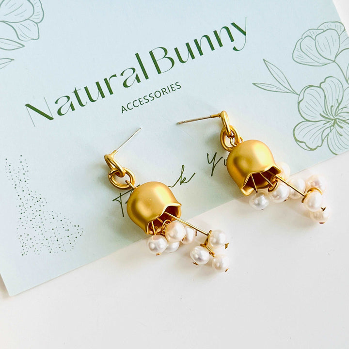 Golden Lily Of The Valley Pearl Tassel Earrings