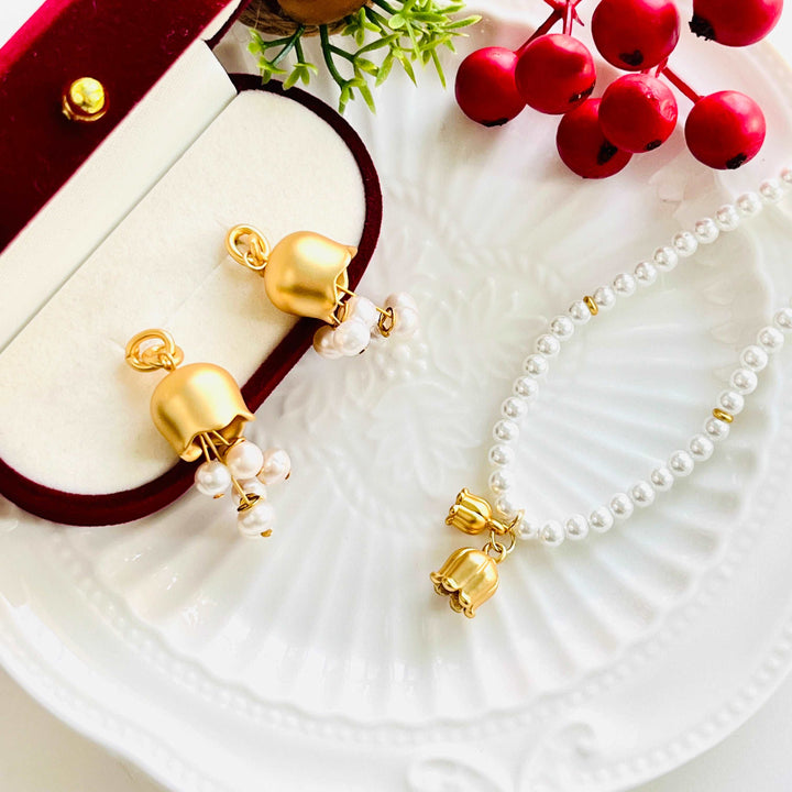 Golden Lily Of The Valley Pearl Tassel Earrings