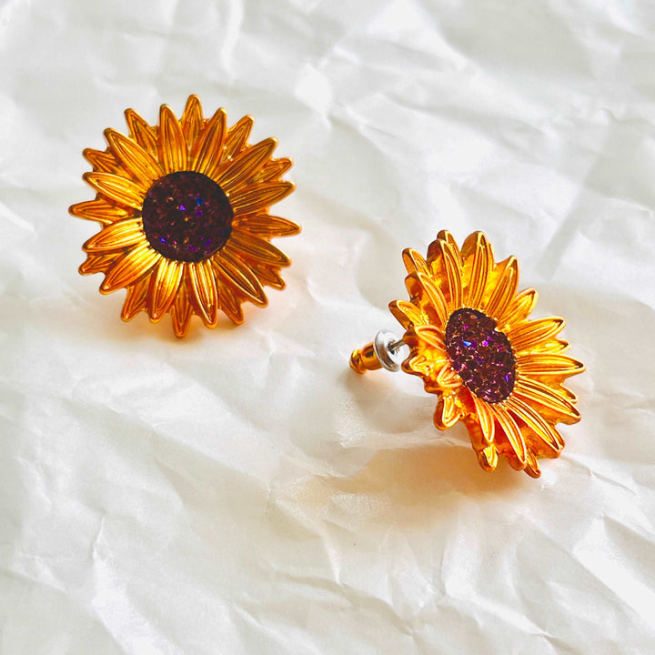 Golden Sunflower Stud Earrings