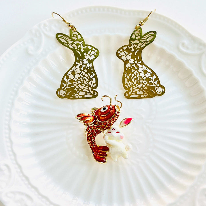 Chinese New Year Rabbit With Carp Lantern Brooch