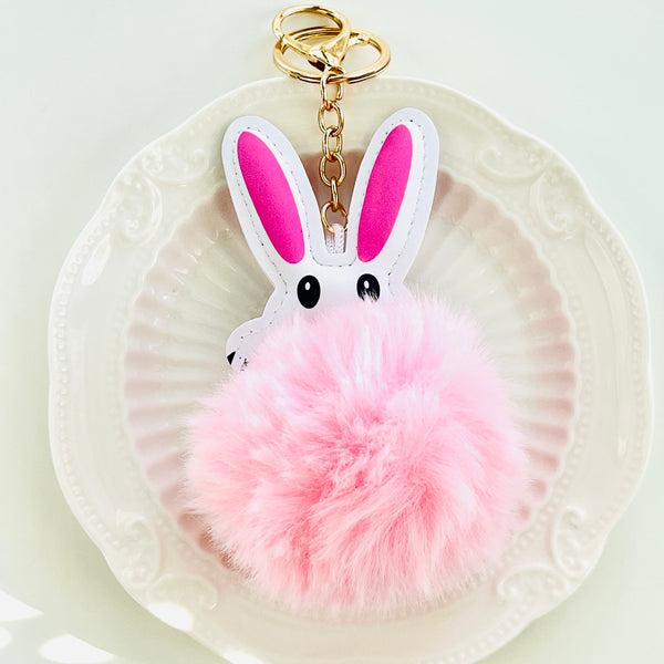 Pink Rabbit Fluffy Pompom Keychain