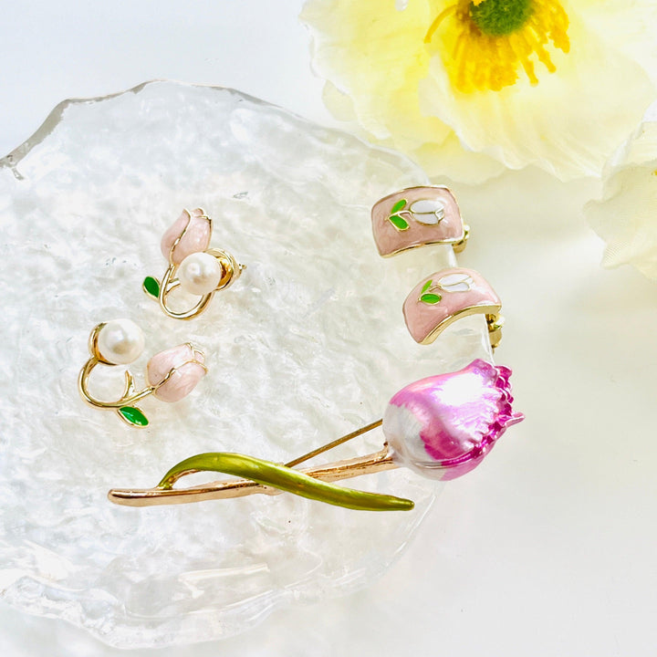 Pink Tulip Freshwater Pearl Stud Earrings - Natural Bunny Accessories