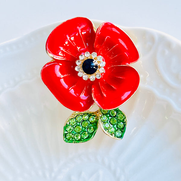 Red Poppy Flower With Green Leaves Brooch