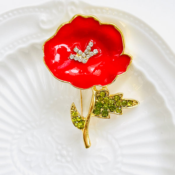 Red Poppy With Crystal Center Brooch