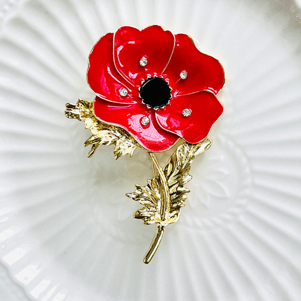 Red Poppy With Golden Leaves Brooch