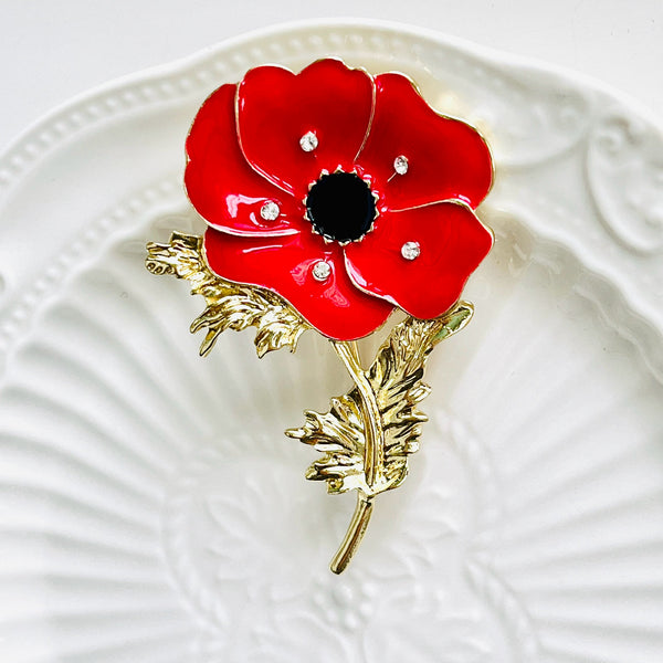 Red Poppy With Golden Leaves Brooch