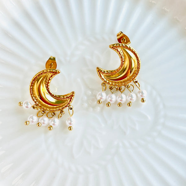 Romantic Moon Pearl Tassel Earrings