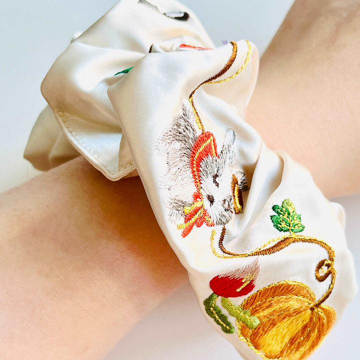 Satin Embroidered Rabbit Farm Hair Scrunchie