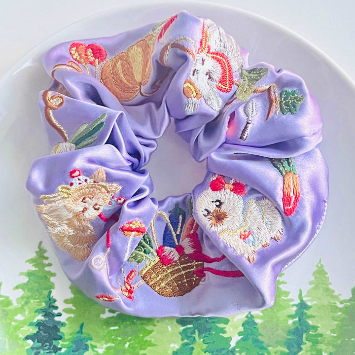 Satin Embroidered Rabbit Farm Hair Scrunchie