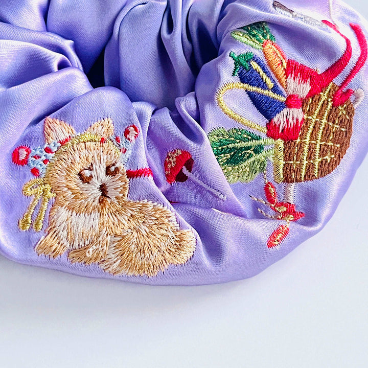 Satin Embroidered Rabbit Farm Hair Scrunchie