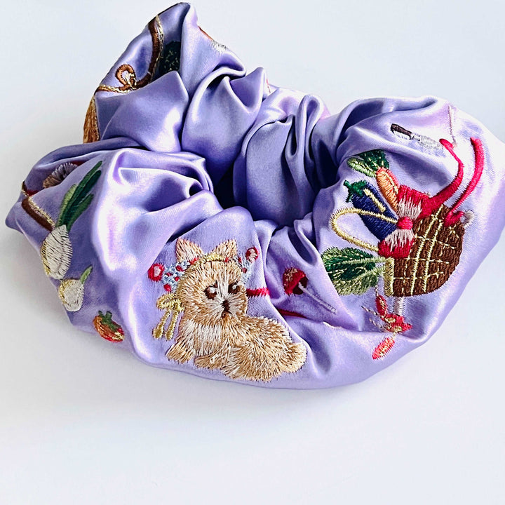 Satin Embroidered Rabbit Farm Hair Scrunchie