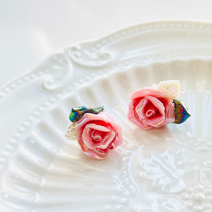 Shimmering Ceramic Rose Flower Stud Earrings