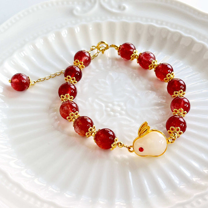 Strawberry Quartz Lucky Rabbit Beaded Bracelet