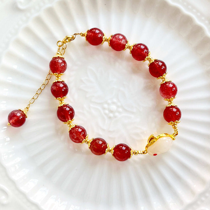 Strawberry Quartz Lucky Rabbit Beaded Bracelet