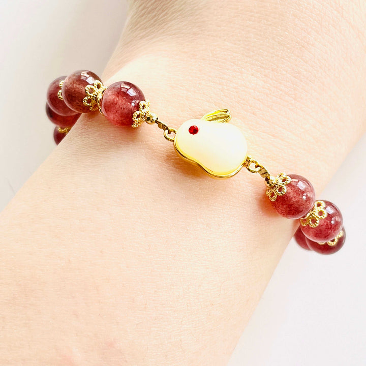 Strawberry Quartz Lucky Rabbit Beaded Bracelet