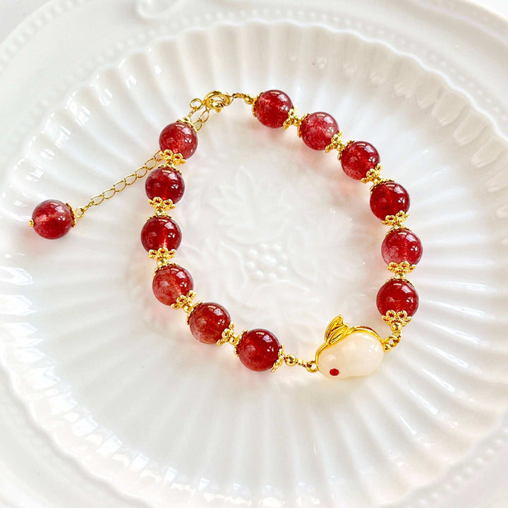 Strawberry Quartz Lucky Rabbit Beaded Bracelet